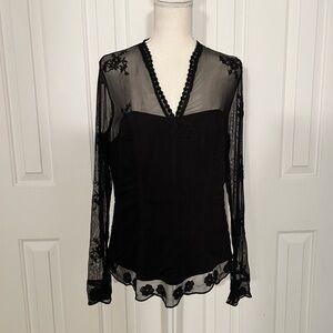 NWOT ADIVA Women Floral Embroidered Sheer Top, Black, Size Large